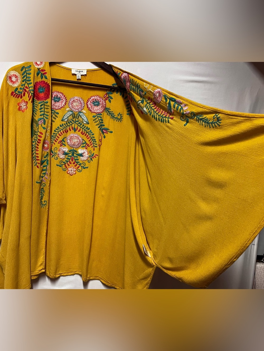 Umgee Mustard Yellow Floral Embroidered Kimono Cardigan M/L Oversized Boho Artsy - Picture 13 of 16